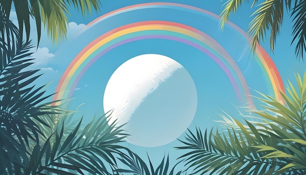 Vector tropical scene with rainbow and moon