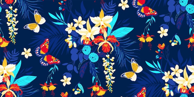 Tropical seamless background with simple flowers