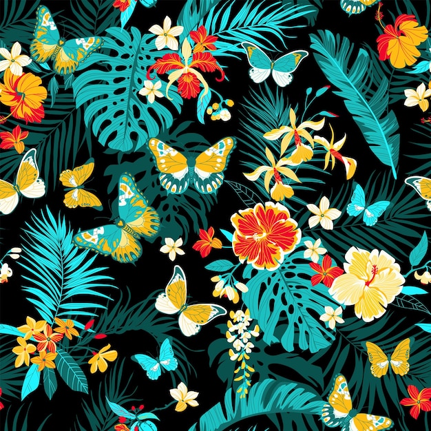 Tropical seamless background with simple flowers