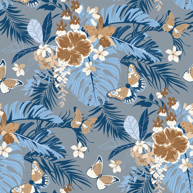 Tropical seamless background with simple flowers