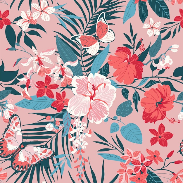 Tropical seamless background with simple flowers