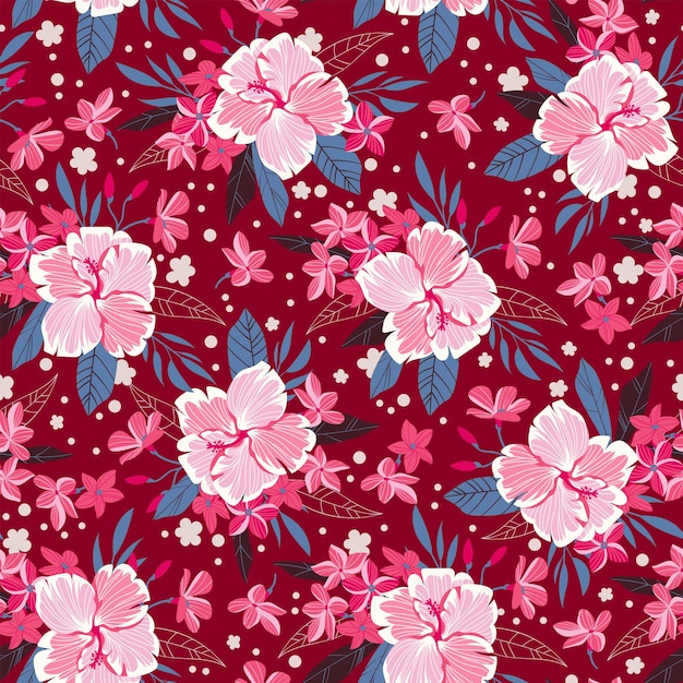 Tropical seamless background with simple flowers