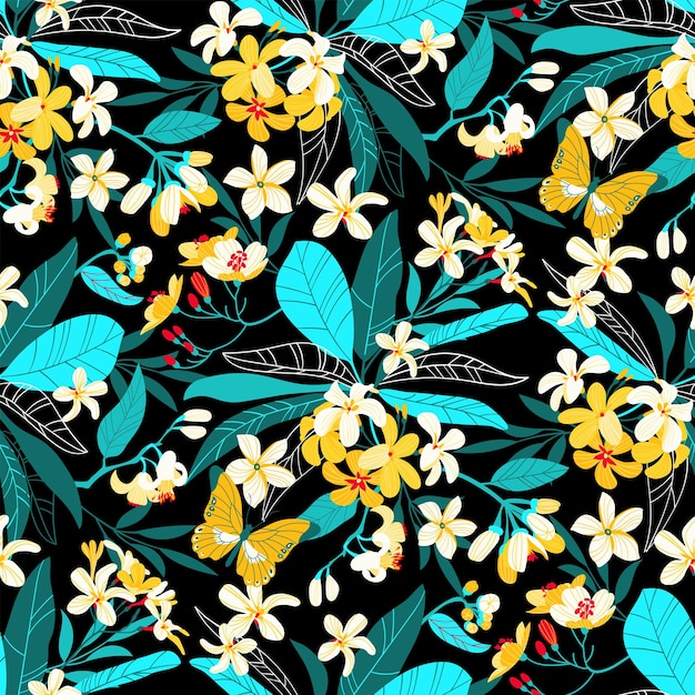 Tropical seamless background with simple flowers