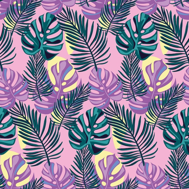 Tropical seamless natural pattern of exotic leaves Vector floral background Beautiful allover print with hand drawn exotic plants Swimwear botanical design