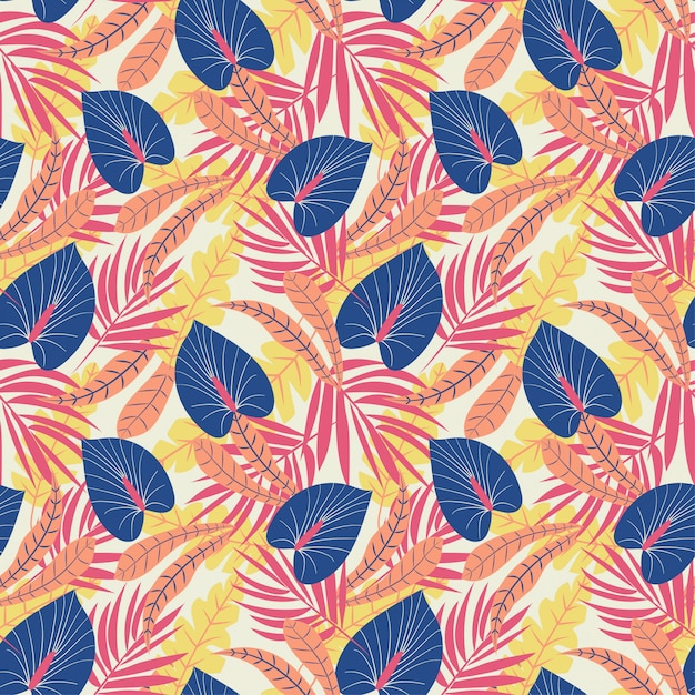 Vector tropical seamless pattern with colorful leaves