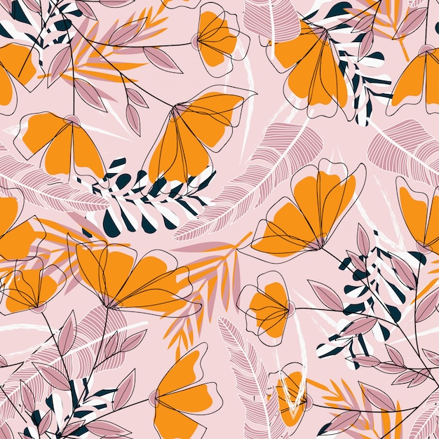 Tropical seamless pattern with colorful plants and flowers on a delicate pink