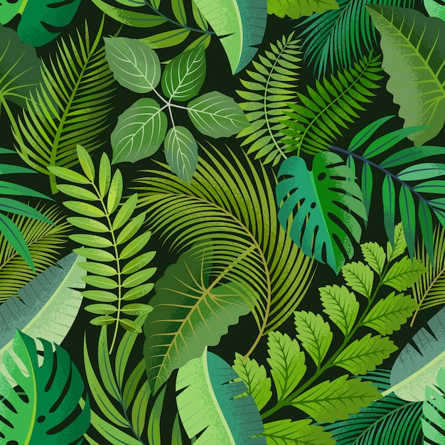 Tropical seamless pattern with green palm leaves on dark background.