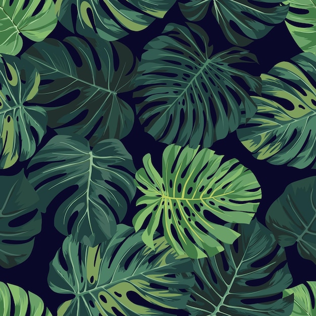 Tropical seamless pattern with monstera palm leaves on dark background Summer fabric design