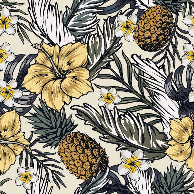 tropical seamless pattern with pineapples, hibiscus and frangipani flowers and exotic leaves