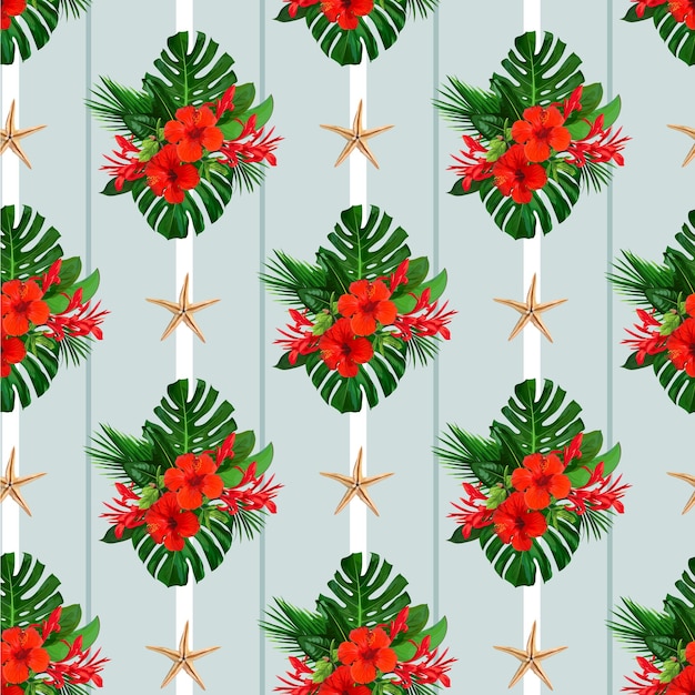 Tropical seamless pattern with red flowers of hibiscuses for wallpaper design