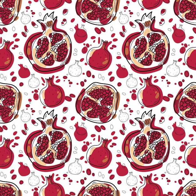 Tropical seamless pattern with red pomegranates isolated on white background