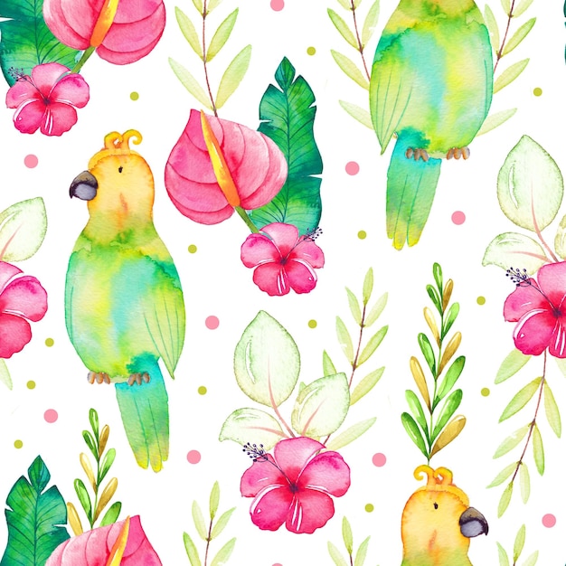 Tropical seamless pattern with watercolor exotic flowers and leaves