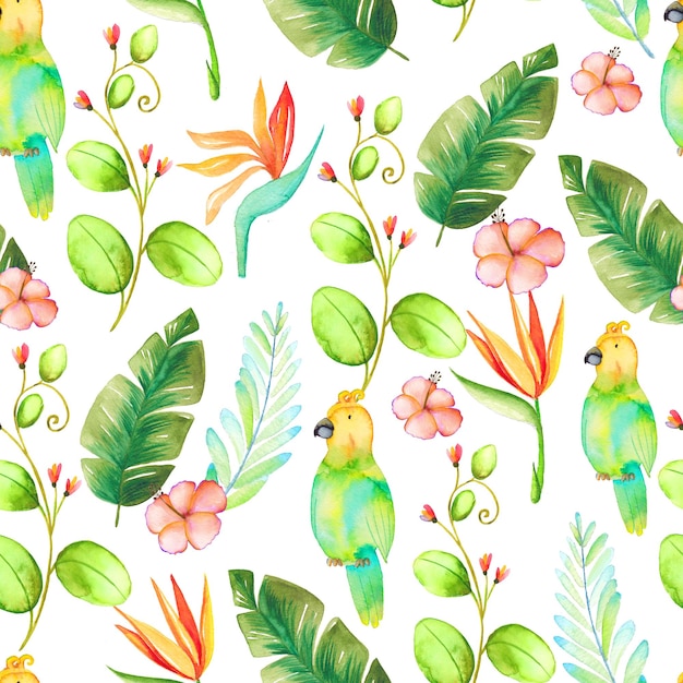 Tropical seamless pattern with watercolor exotic flowers and leaves