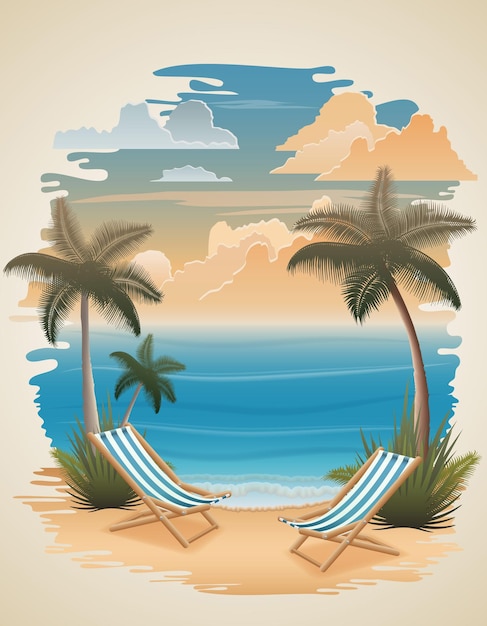 tropical seascape with sand beach sea waves sky and clouds vector illustration