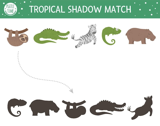 Tropical shadow matching activity for children. Preschool jungle puzzle. Cute exotic educational riddle. Find the correct tropic animal silhouette printable worksheet.  