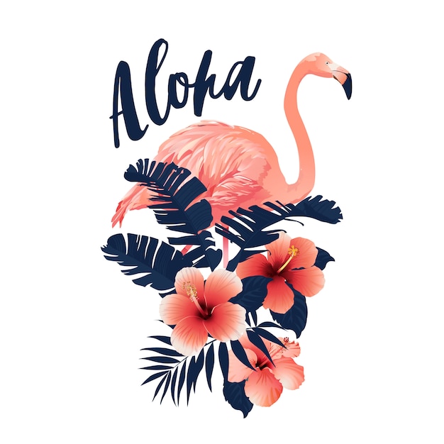 Vector tropical slogan with flamingo and hibiscus illustration.