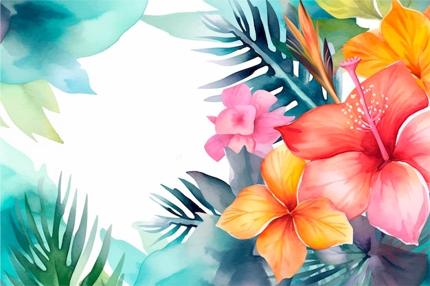 Tropical summer anime watercolor plants and hibiscus flowers holiday banner