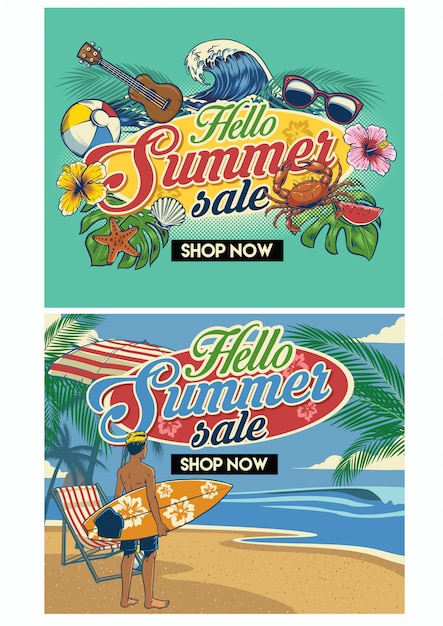 Tropical summer beach flyer design set