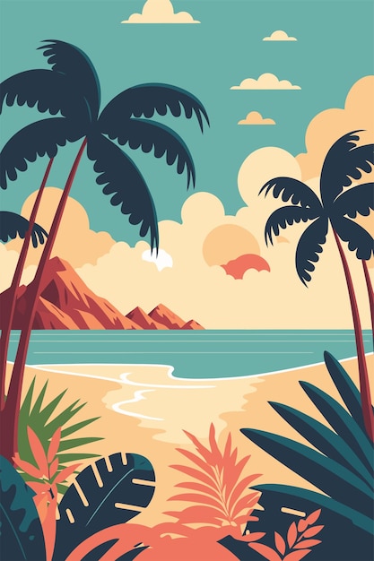 Tropical summer beach ocean sunset and sunrise view cartoon vector illustration