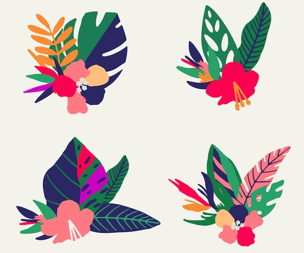 Tropical summer bouquet with palm leaves exotic flowers Vector illustration