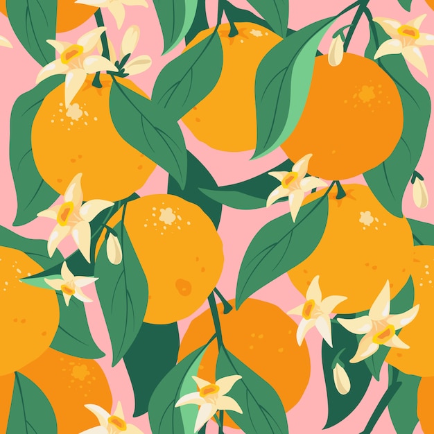 Tropical summer citrus seamless pattern with leaves and flowers. Orange Fruits pattern. Citrus tree in hand drawn style. fabric design with orange on branches with leaves and flowers.