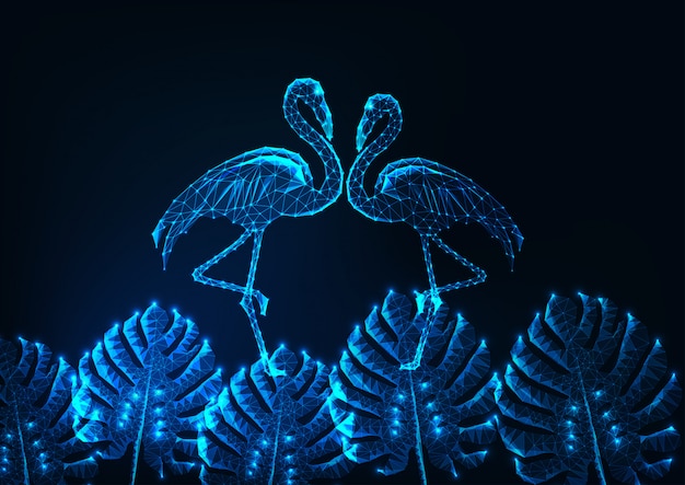 Vector tropical summer concept with glowing low poly couple of flamingos and monstera leaves on dark blue.