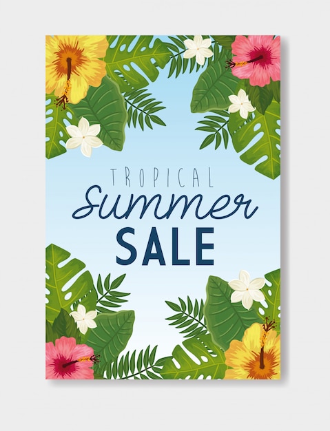 Tropical summer sale banner banner with frame and flowers