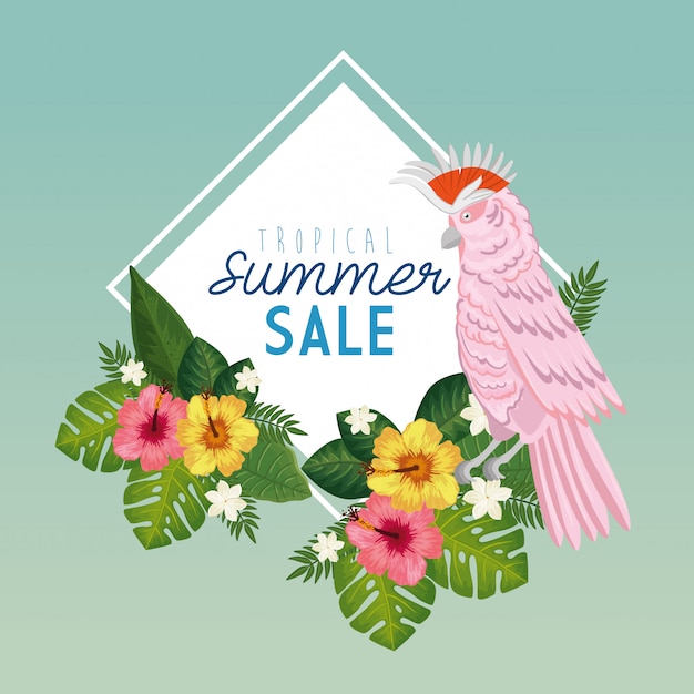 Tropical summer sale banner with frame of flowers and animal exotic 