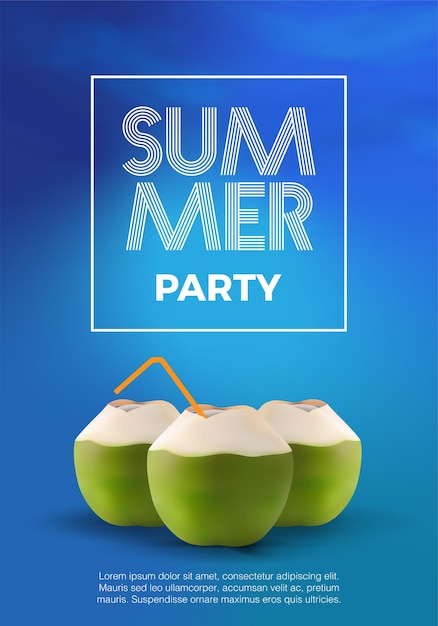 Tropical summer template with realistic coconut and straw