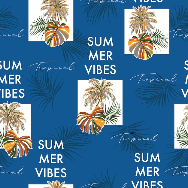 Tropical Summer Vibes seamless pattern palm tree vector Illustration