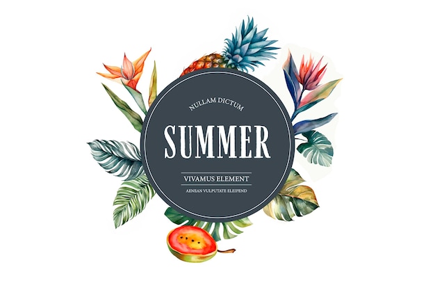 Tropical summer watercolor banner with fruits and plants