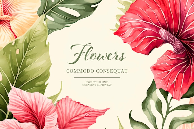 Tropical summer watercolor plants and hibiscus flowers holiday banner