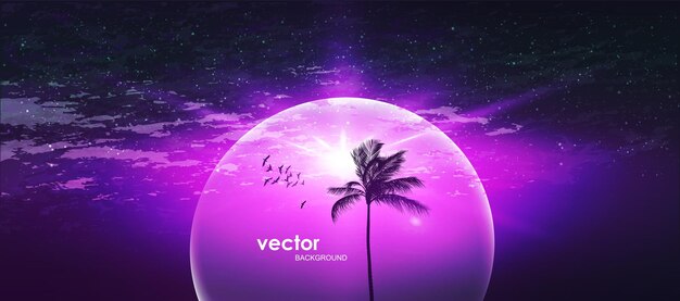 Vector tropical sunrise with gradient sun and silhouette of palm tree s in the background of blue sky