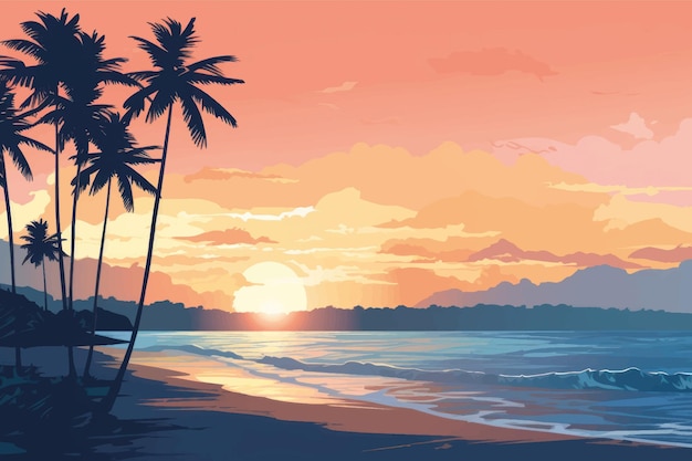 Tropical sunset beach landscape illustration