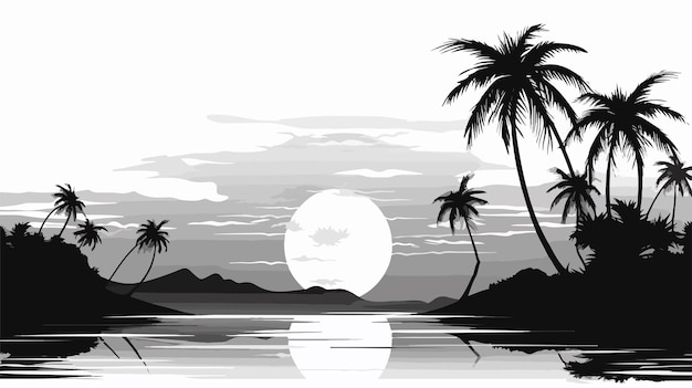 Vector tropical sunset beach palm tree illustration