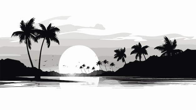 Tropical Sunset Beach Palm Tree Illustration