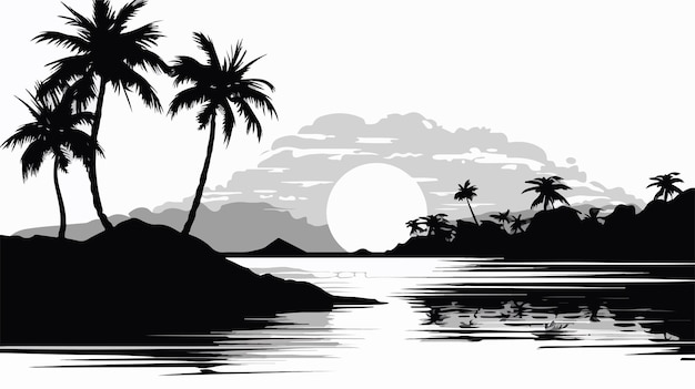 Vector tropical sunset beach palm tree illustration