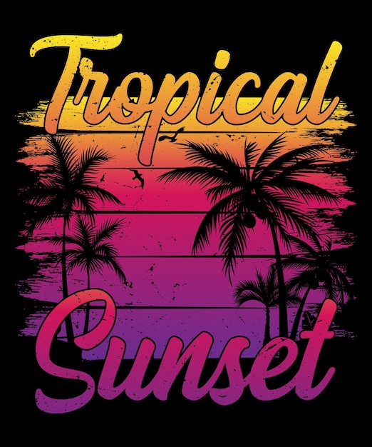 Vector tropical sunset beach palm tree retro style vintage tshirt design vector