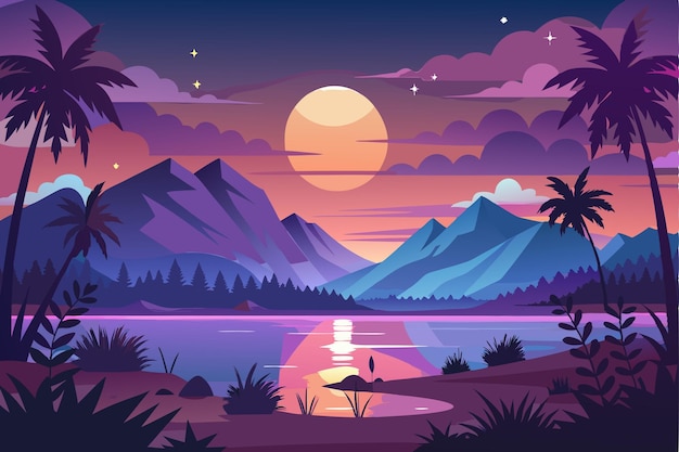 Vector tropical sunset landscape with palm trees and mountains