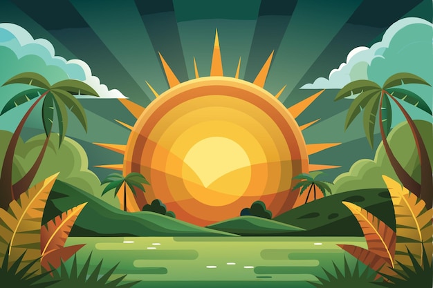 Vector tropical sunset landscape with palm trees and a river