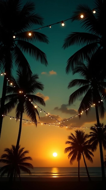 Tropical sunset with string lights