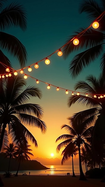 Tropical sunset with string lights