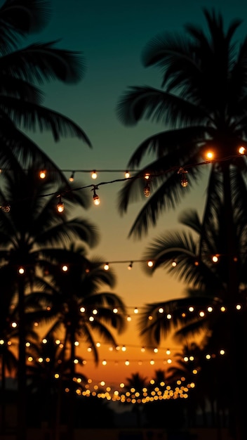 Tropical sunset with string lights