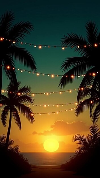 Vector tropical sunset with string lights