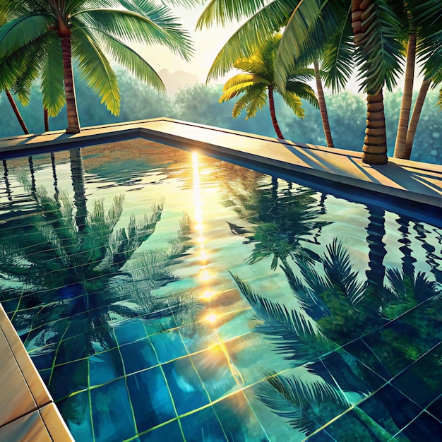 Vector tropical swimming pool with palm trees and sun reflection