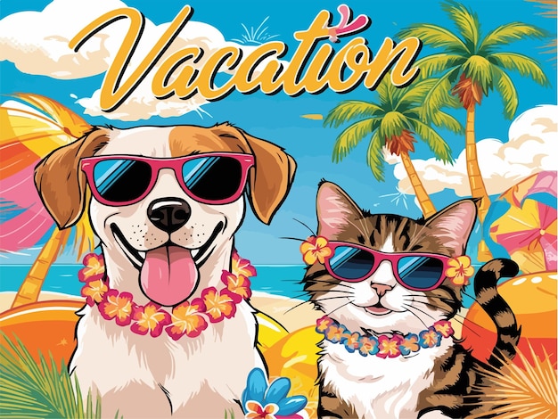 Tropical Vacation Vibes Cool Dog and Cat Duo Design Illustration