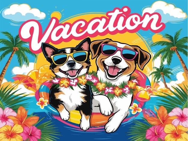 Vector tropical vacation vibes fun in the sun with dog and cat design illustrator