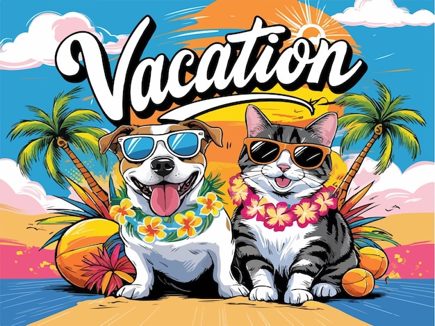 Vector tropical vacation vibes fun in the sun with dog and cat