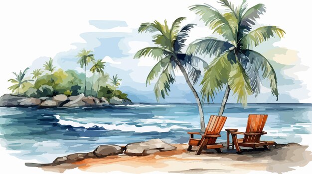 Vector tropical watercolor landscape with ocean beach and palm trees