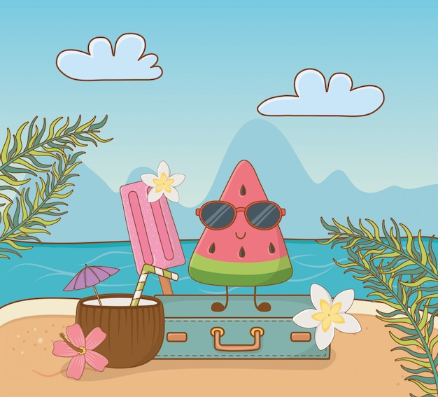 Tropical watermelon character on the beach scene